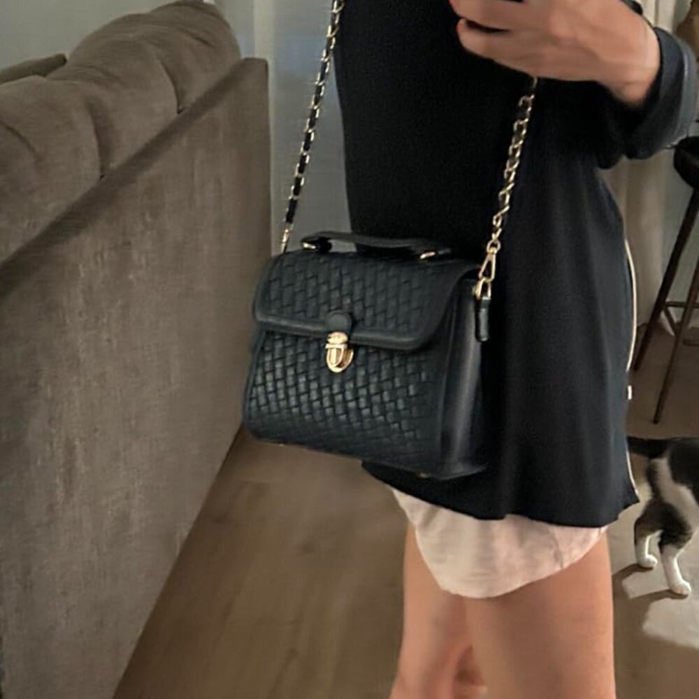 Neiman Marcus Black Tweed Vegan Leather Hand Woven Handbag